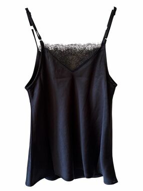 Ricki’s Black Satin Lace Trim Cami Tank Top Sleeveless Blouse Minimalist Chic